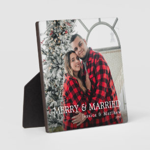 Modern Red Plaid Newlyweds Photo Merry and Married Plaque