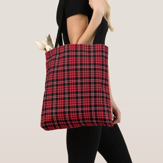 Modern Red Plaid Pattern Tote Bag (Close Up)
