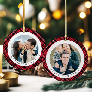 Modern Red Plaid Photo Christmas Ceramic Tree Decoration