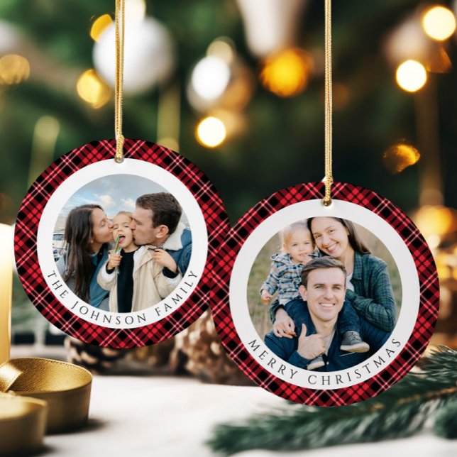 Modern Red Plaid Photo Christmas Ceramic Tree Decoration (Modern Red Plaid Photo Christmas Ceramic Ornament)