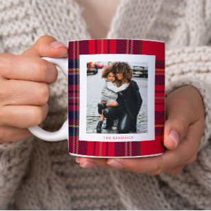 Modern Red Plaid Rustic Monogram Photo Christmas Coffee Mug