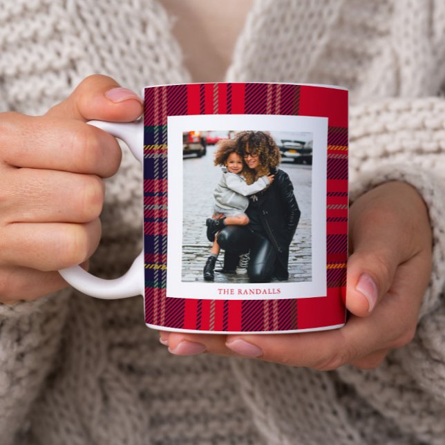 Modern Red Plaid Rustic Monogram Photo Christmas Coffee Mug (Rustic red plaid monogram photo christmas mug.)
