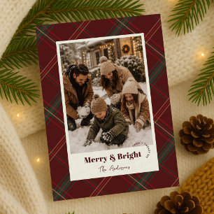 Modern Red Plaid Two Photos Merry & Bright Holiday Card
