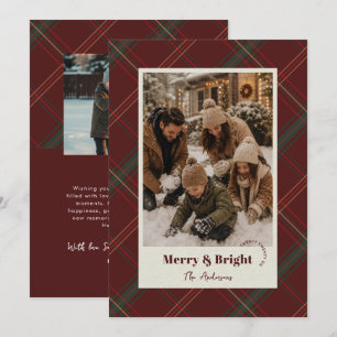 Modern Red Plaid Two Photos Merry & Bright Holiday Card