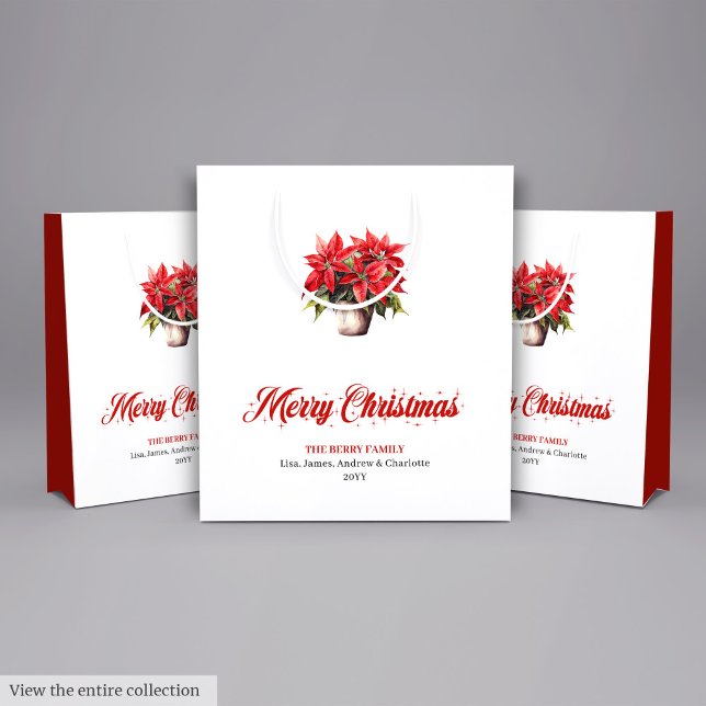 Modern Red Poinsettia Watercolor Christmas Bags (Modern Red Poinsettia Watercolor Christmas Gift Bag)