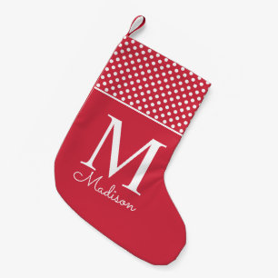 Modern red polka dot pattern name monogram small christmas stocking