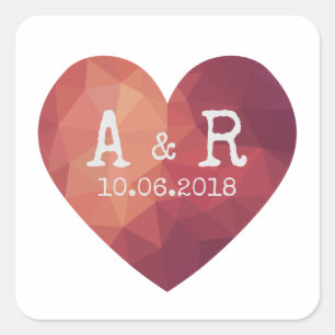 Modern red poly heart, monograms and date square sticker