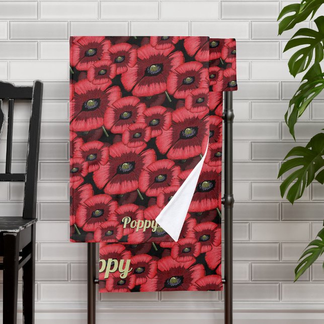 Modern Red Poppies Floral Bath Towels (A red and black poppy pattern bath towel set with space for your name)