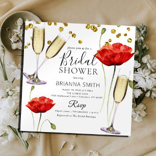 Modern Red Poppy and Gold Flakes Bridal Shower  Invitation