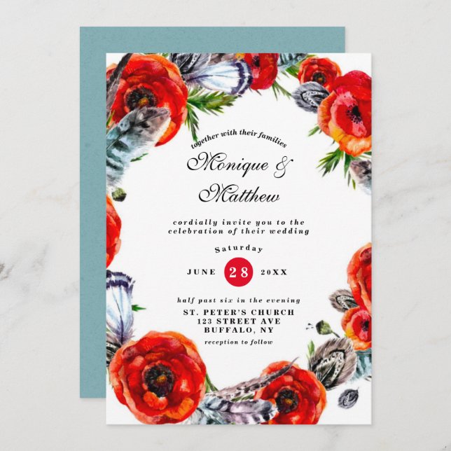 Modern Red Poppy Boho Feathers Wedding Invitation (Front/Back)