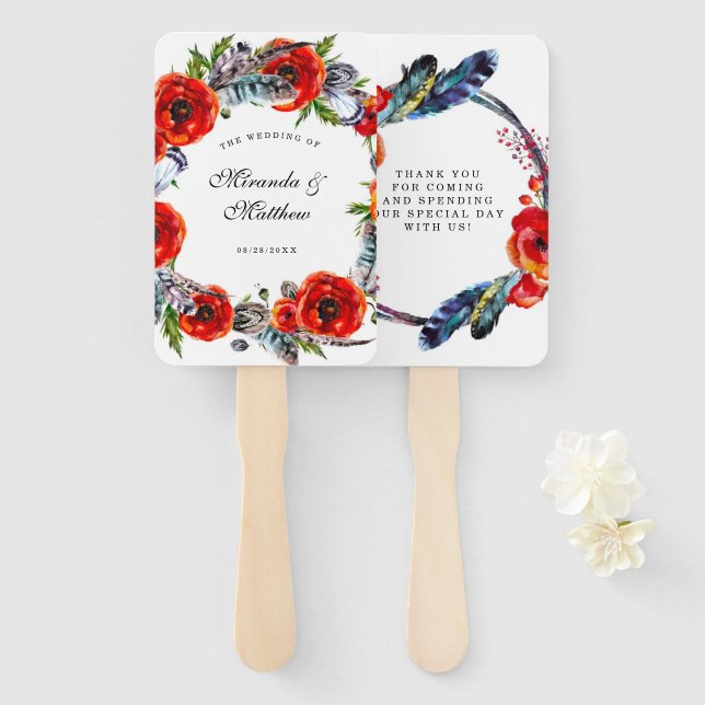 Modern Red Poppy Boho Feathers Wedding Thank You Hand Fan (Front and Back)