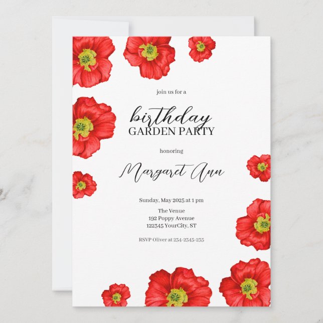 Modern Red Poppy Floral Birthday Garden Party Invitation (Front)