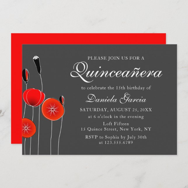 Modern Red Poppy Floral Botanical Quiceanera Invitation (Front/Back)