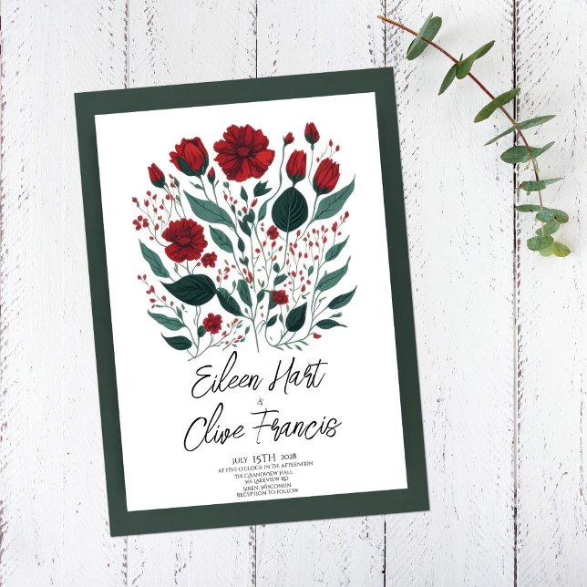Modern Red Poppy Flowers Leaves Wedding Invitation (Creator Uploaded)