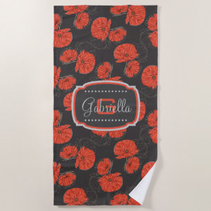 Modern Red Poppy Pattern Monogram on Slate Grey Beach Towel