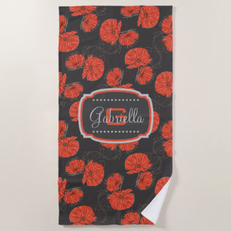 Modern Red Poppy Pattern Monogram on Slate Grey Beach Towel