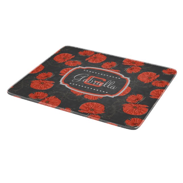 Modern Red Poppy Pattern Monogram on Slate Grey Cutting Board (Corner)