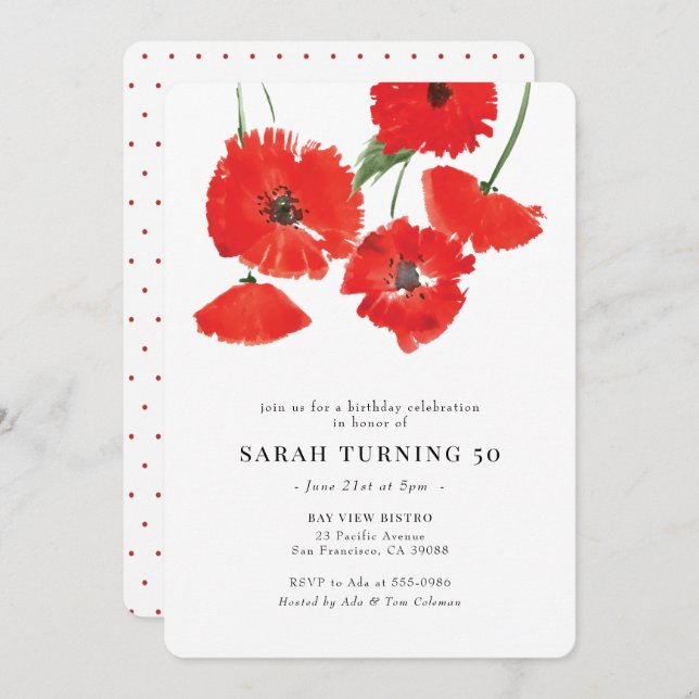 Modern Red Poppy Watercolor Birthday Invitation (Front/Back)