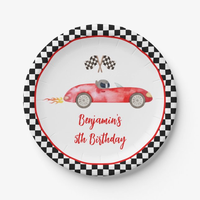 Modern Red Race Car Birthday Paper Plate (Front)