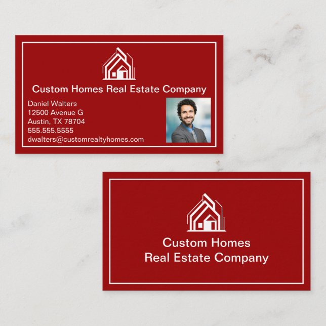 Modern Red Real Estate Company Realtor Photo Business Card (Front/Back)