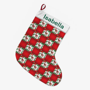 Modern red reindeer Xmas Holly plaid Pattern Large Christmas Stocking