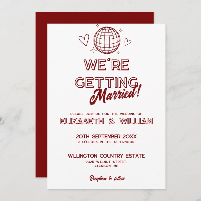 Modern Red Retro Disco Groovy Wedding Invitation (Front/Back)