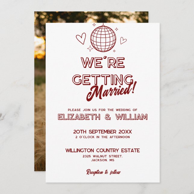 Modern Red Retro Disco Groovy Wedding Photo Invitation (Front/Back)