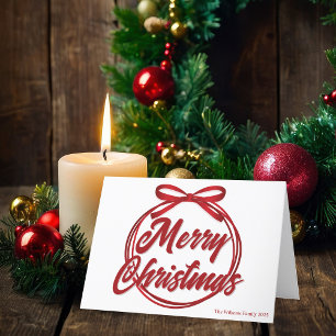 Modern Red Ribbon Bow Merry Christmas Script Holiday Card