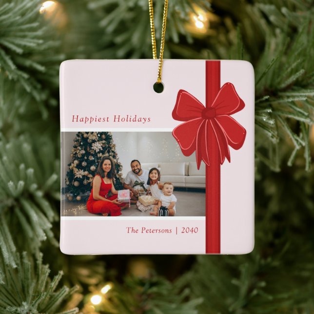 Modern Red Ribbon Bow Wrap Photo Christmas Ceramic Ornament (Tree)