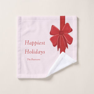 Modern Red Ribbon Bow Wrap Photo Christmas Wash Cloth
