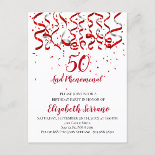 Modern Red Ribbon & Confetti 50th Birthday Invitation Postcard