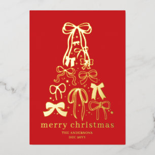 Modern Red Ribbon Tree Christmas Photo Gold