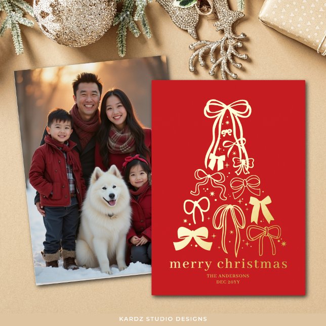 Modern Red Ribbon Tree Christmas Photo Gold (Flat Christmas Card shown in 5 x 7 inches. Personalize and choose paper and corner style.)