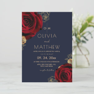 Modern Red Rose and Navy Blue  Floral Wedding  Invitation