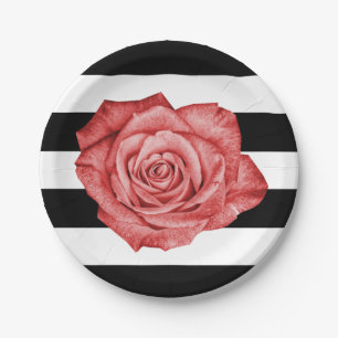 Modern Red Rose Black White Striped Wedding Party Paper Plate