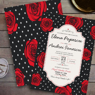 Modern Red Rose Elegant Black and Red Romantic  Invitation