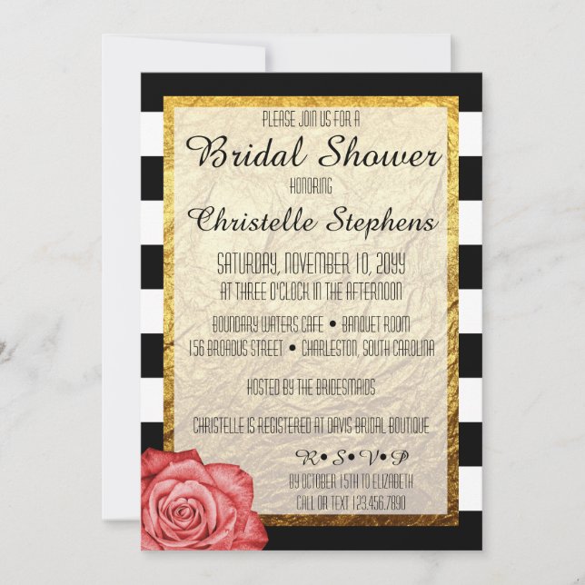 Modern Red Rose Faux Gold Foil Bridal Shower Invitation (Front)