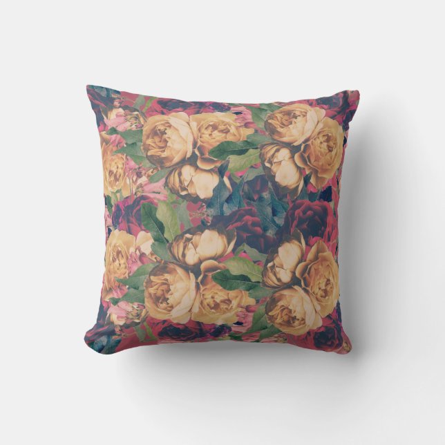 Modern Red Rose Floral Botanical Boho Cushion (Front)