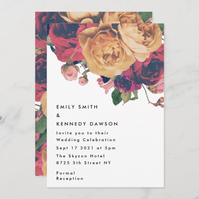 Modern Red Rose Floral Botanical Boho Wedding Invitation (Front/Back)