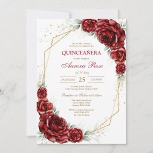 Modern Red Rose Floral Quinceanera Invitation