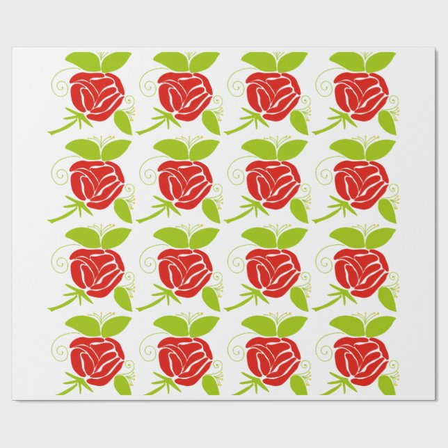 Modern Red Rose & Green Leaf Pattern Wrapping  Paper (Flat)