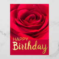Modern Red Rose Happy Birthday Real Gold