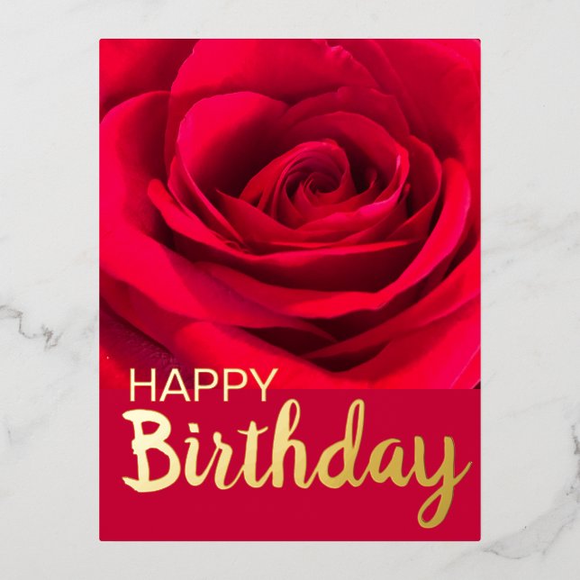 Modern Red Rose Happy  Birthday Real Gold Foil Holiday Postcard (Front)