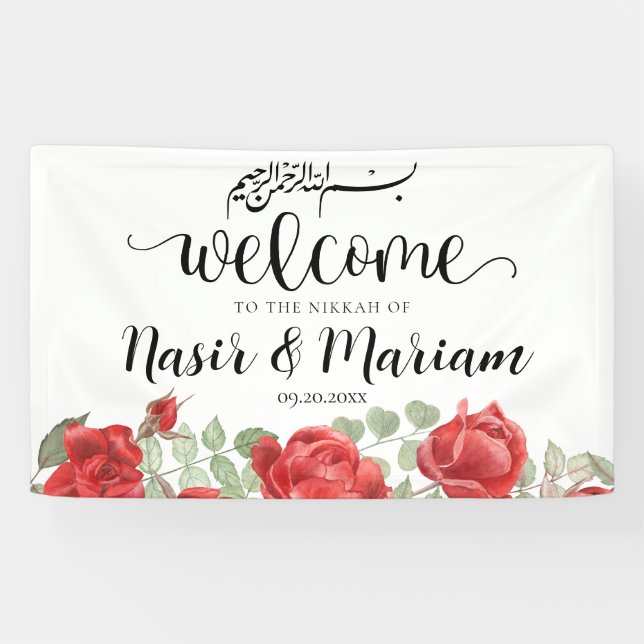 Modern Red Rose Islamic Muslim Nikkah Banner (Horizontal)