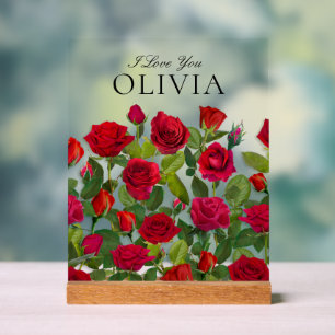 Modern Red Rose Minimalist Name I Love You Acrylic Sign
