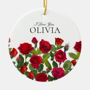 Modern Red Rose Minimalist Name I Love You Ceramic Tree Decoration