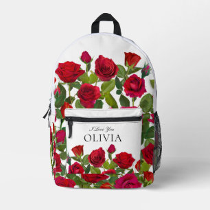Modern Red Rose Minimalist Name I Love You Printed Backpack