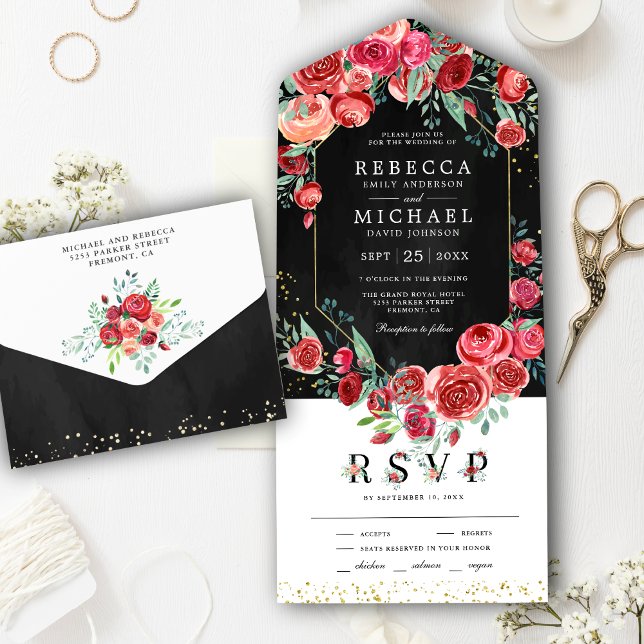 Modern Red Roses Floral Black Wedding All In One Invitation (Creator Uploaded)