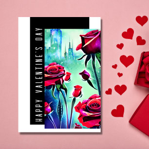 Modern Red Roses with Cityscape Valentine's Day Holiday Card