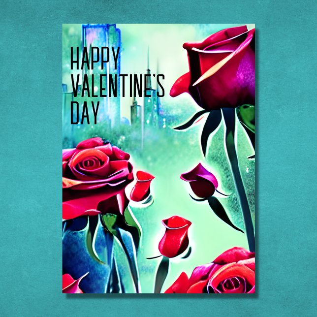 Modern Red Roses with Cityscape Valentine's Day Holiday Card (Creator Uploaded)